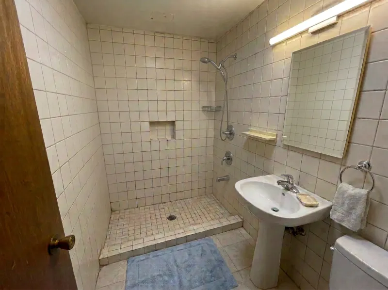 Full bathroom retile, floor to ceiling — before