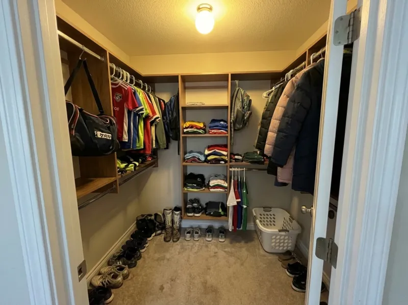 Chaotic wardrobe closet cleared and reorganised — after