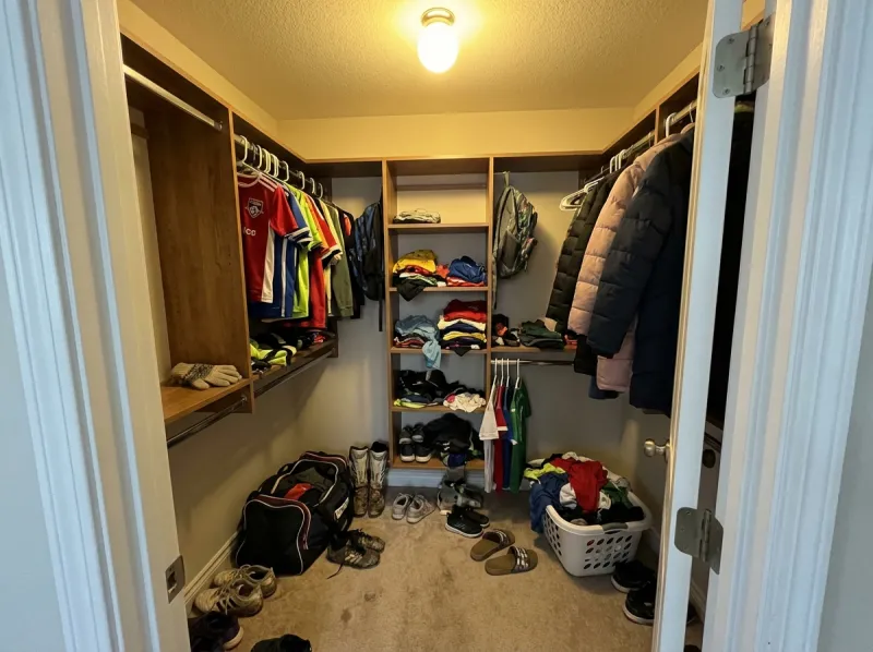Chaotic wardrobe closet cleared and reorganised — before