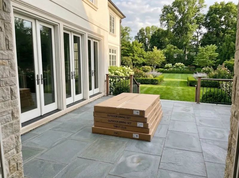 Outdoor furniture assembled and patio set up — before